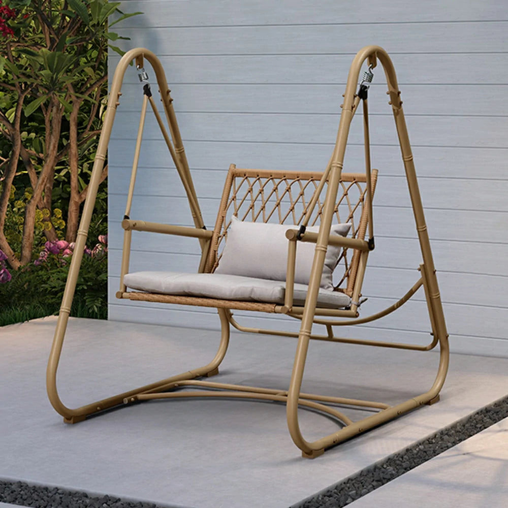 SOLARA Single Swing Chair - Handwoven Bamboo Rattan Design, Durable Alloy Steel Frame, 121cm Relaxing Garden & Patio Seating - Yellow