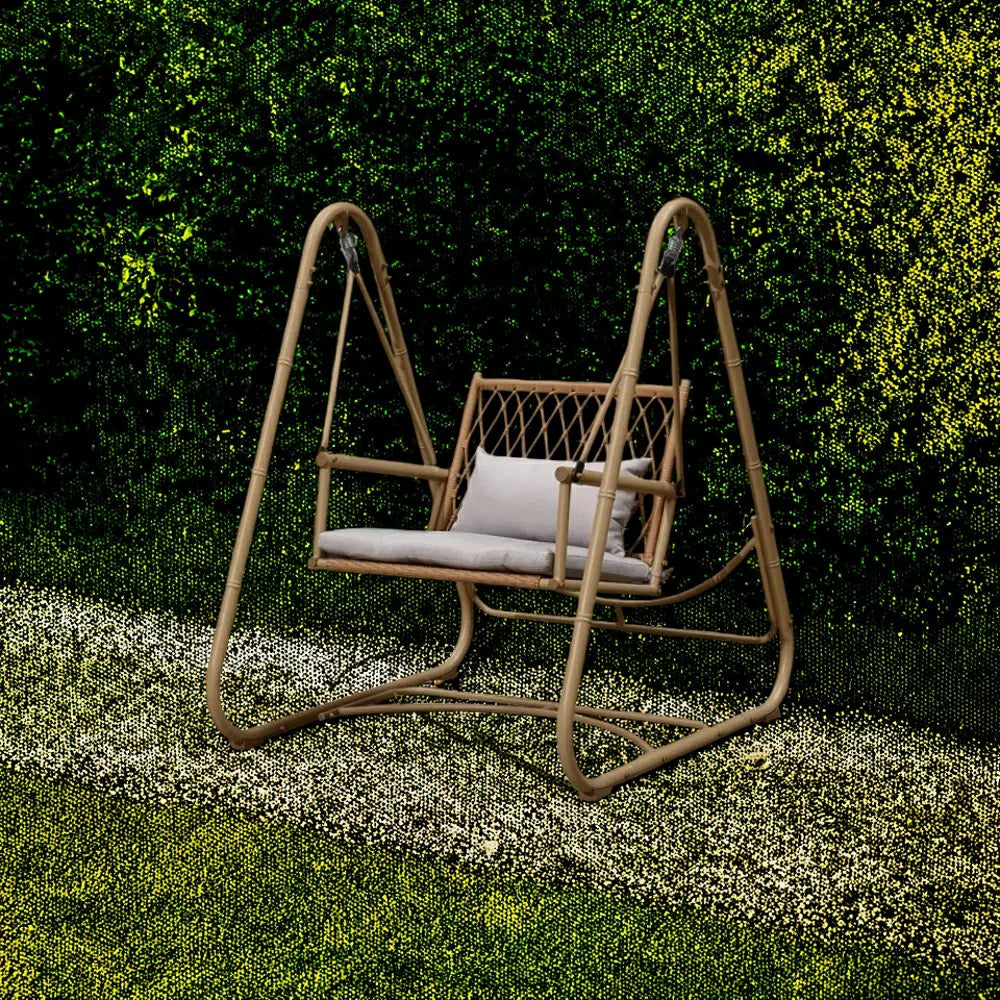 SOLARA Single Swing Chair - Handwoven Bamboo Rattan Design, Durable Alloy Steel Frame, 121cm Relaxing Garden & Patio Seating - Yellow