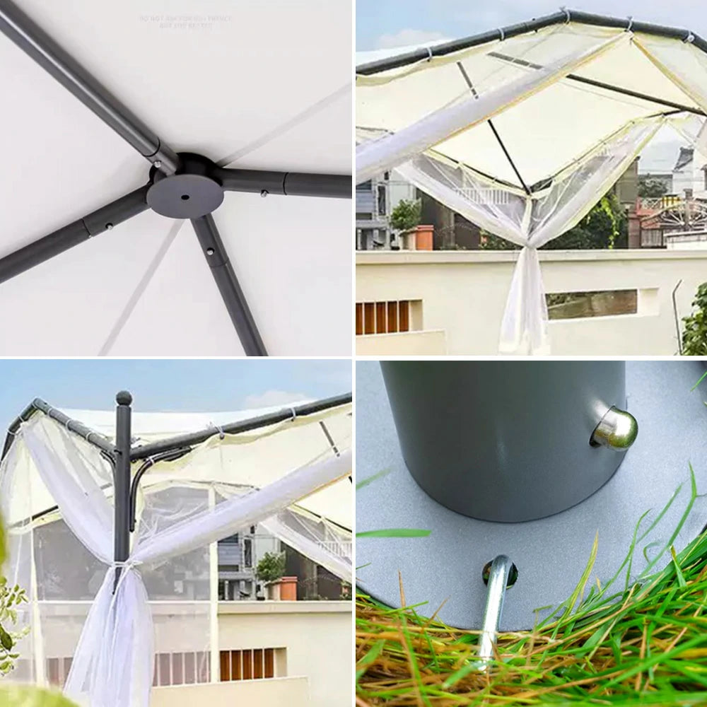 SOLARA Butterfly Pavilion 3x3m Outdoor Canopy with Durable Alloy Frame, 4 Mesh Curtains & Bonus 10m Solar String Lights – White