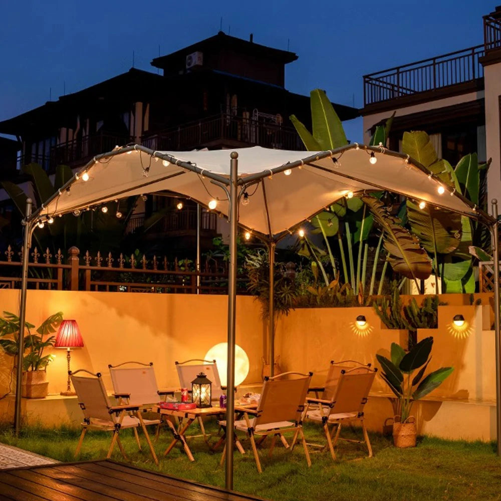 SOLARA Butterfly Pavilion 3x3m Outdoor Canopy with Durable Alloy Frame, 4 Mesh Curtains & Bonus 10m Solar String Lights – White