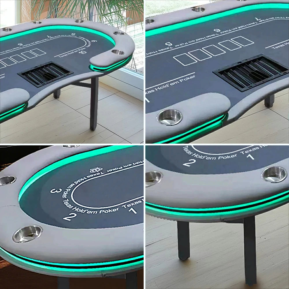 VERSA Foldable Poker Table with LED Lights - 213/240/260cm - Premium Home Game Edition, Multi-Player Layout - Blue&Grey