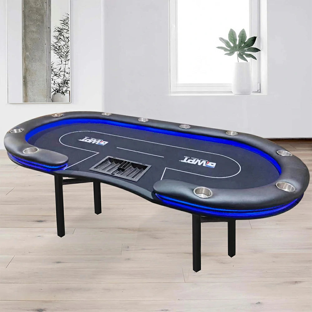 VERSA Foldable Poker Table with LED Lights - 213/240/260cm - Premium Home Game Edition, Multi-Player Layout - Black & Blue