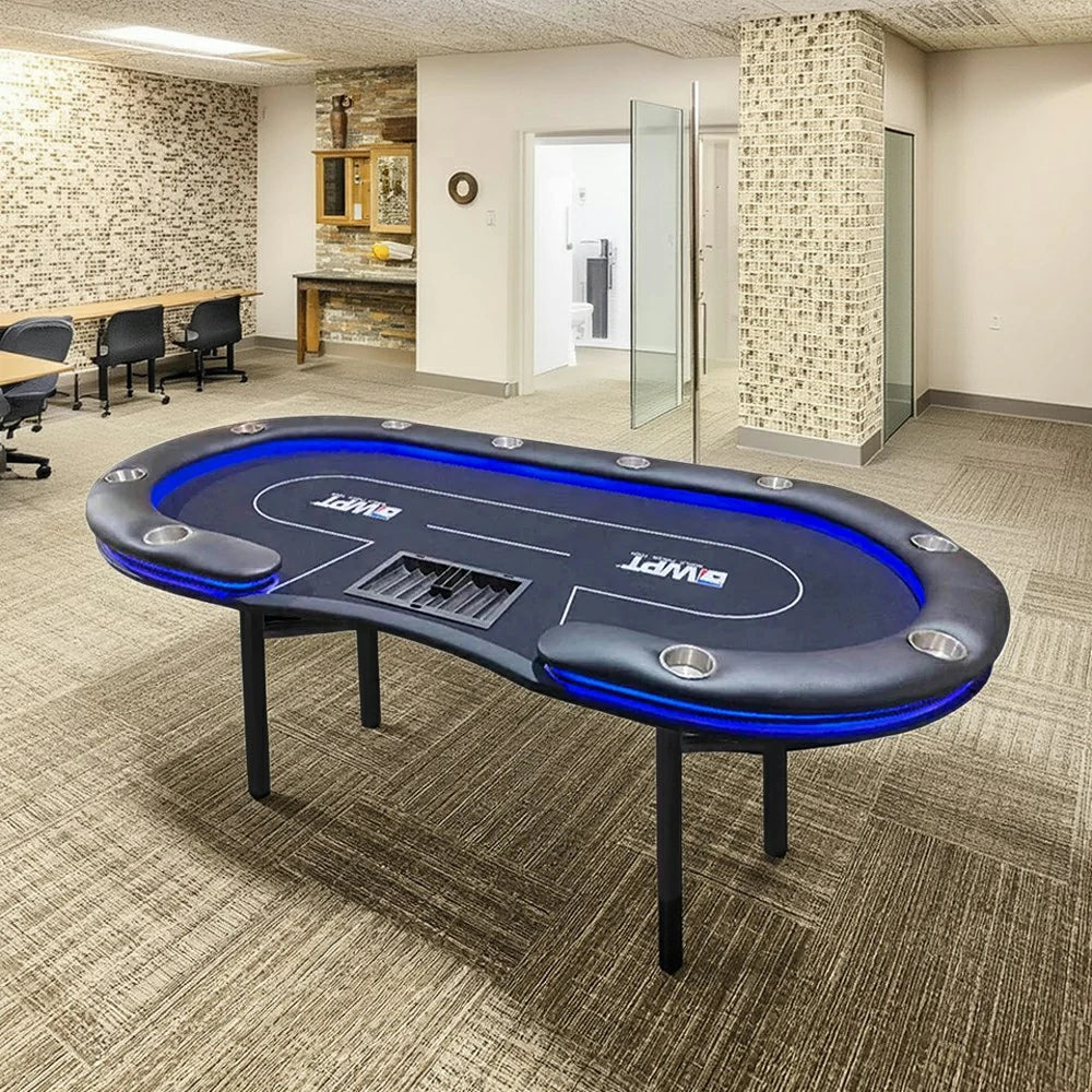 VERSA Foldable Poker Table with LED Lights - 213/240/260cm - Premium Home Game Edition, Multi-Player Layout - Black & Blue