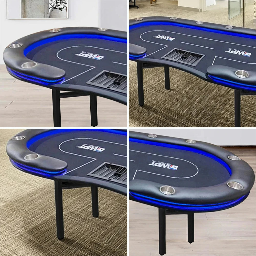 VERSA Foldable Poker Table with LED Lights - 213/240/260cm - Premium Home Game Edition, Multi-Player Layout - Black & Blue