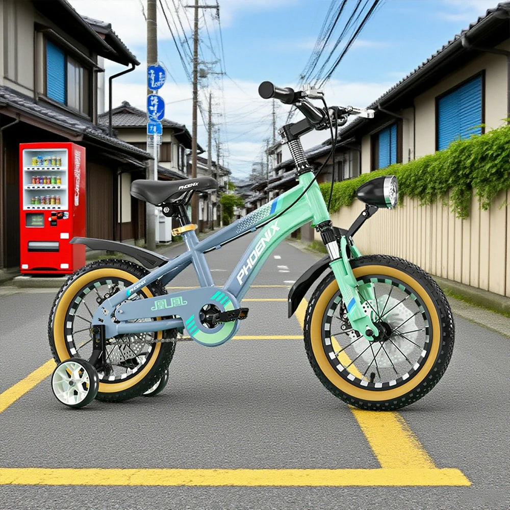 VOLTUS 14/18/22 Inch Children's Bicycle Foot Support & Training Wheels Magnesium Alloy Integrated Wheel CNC Double-Layer Knife Ring - Grey&Green