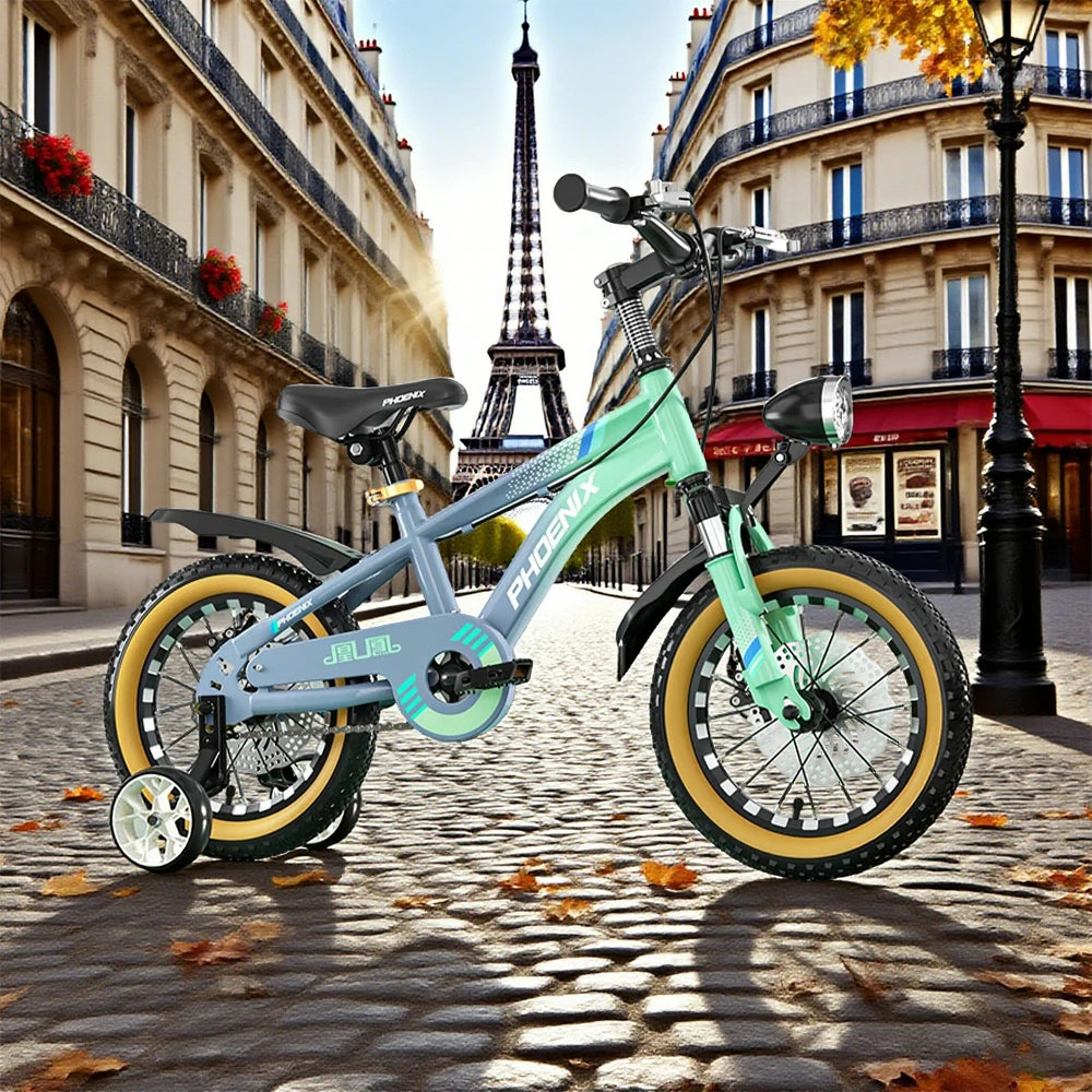 VOLTUS 14/18/22 Inch Children's Bicycle Foot Support & Training Wheels Magnesium Alloy Integrated Wheel CNC Double-Layer Knife Ring - Grey&Green