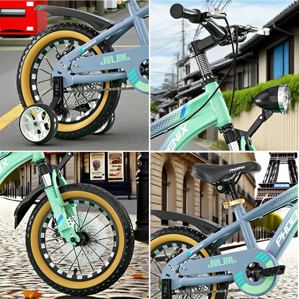 VOLTUS 14/18/22 Inch Children's Bicycle Foot Support & Training Wheels Magnesium Alloy Integrated Wheel CNC Double-Layer Knife Ring - Grey&Green