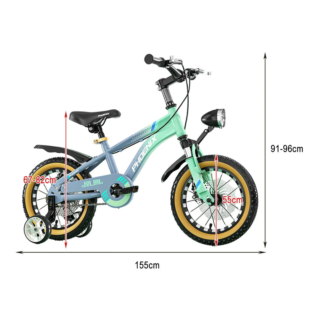 VOLTUS 14/18/22 Inch Children's Bicycle Foot Support & Training Wheels Magnesium Alloy Integrated Wheel CNC Double-Layer Knife Ring - Grey&Green