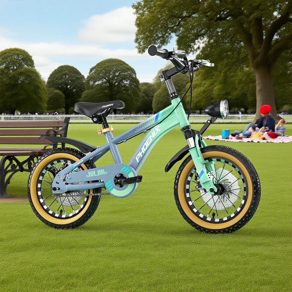 VOLTUS 14/18/22 Inch Children's Bicycle Foot Support & Training Wheels Magnesium Alloy Integrated Wheel CNC Double-Layer Knife Ring - Grey&Green