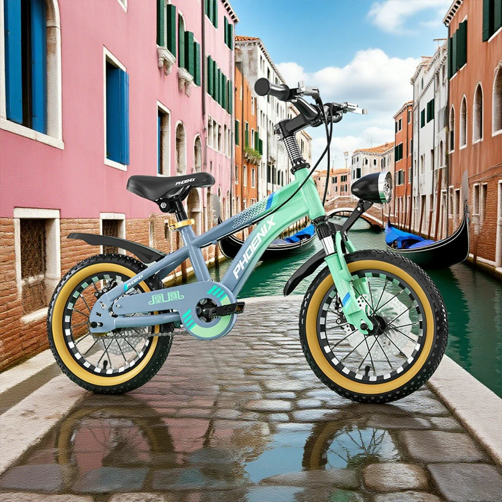 VOLTUS 14/18/22 Inch Children's Bicycle Foot Support & Training Wheels Magnesium Alloy Integrated Wheel CNC Double-Layer Knife Ring - Grey&Green