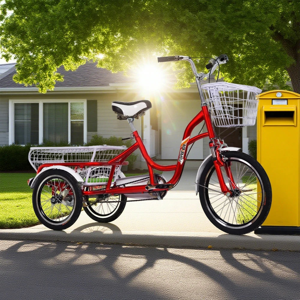 VOLTUS Adult Three Wheel Bicycle Variable Speed Upgraded Seat Comfort Tire Reinforcement-Red/Blue/Silvery