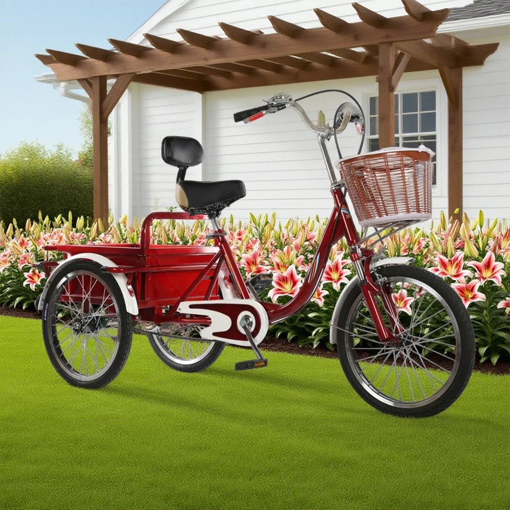 VOLTUS Adult Tricycle Shock Absorbing Front Fork Backrest Seat Comfortable Red/Silver/Beige