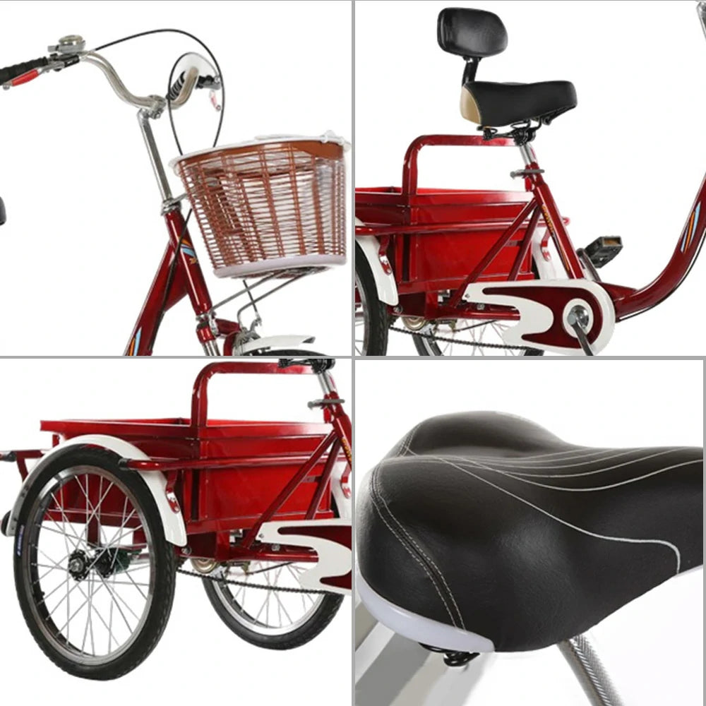 VOLTUS Adult Tricycle Shock Absorbing Front Fork Backrest Seat Comfortable Red/Silver/Beige