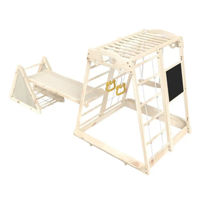 [5% OFF PRE-SALE] T&R SPORTS AMODEL Solid Wood Kids Climbing Frame W/ Swing Ring Hammock Double-sided Slide Kids Playground - Wood (Dispatch in 8 weeks) megalivingmatters
