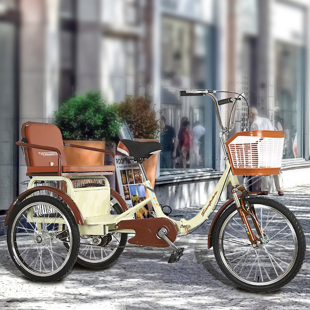 VOLTUS 20 Inches Suspension Fork Foldable 3 Wheels Bike W/ Basket Widened Seat Adult Tricycle