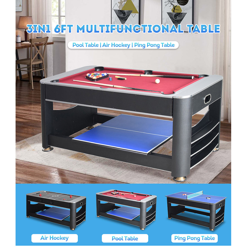 VERSA 6FT MDF 3-IN-1 Pool Table/Table Tennis Table/Air Hockey Black Frame
