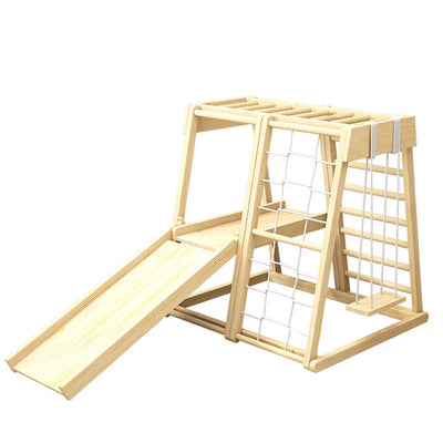 T&R SPORTS A22M Solid Wood Indoor Kids Climbing Frame W/ Swings And Double-sided Slide Child Jungle Gym - Wood Grain megalivingmatters