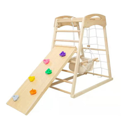 T&R SPORTS H001FULL Indoor Kids Climbing Frame W/ Swing Double-sided Slide And Ring - Wood Grain T&R Sports