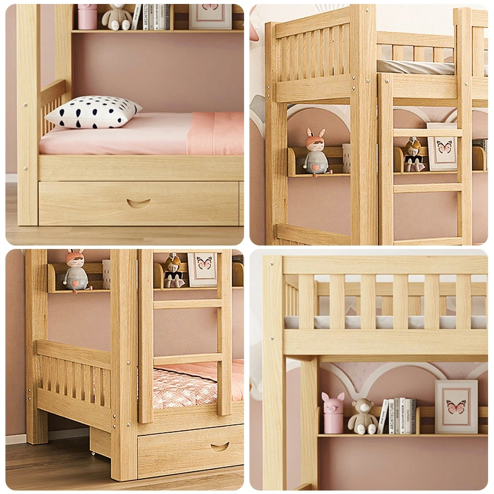 LUXORA Bunk Bed Eco-Friendly Solid Wood, 120/135/150cm, Built-in Bookshelf, Dual Under-Bed Storage Drawers, Flexible Ladder - Wood