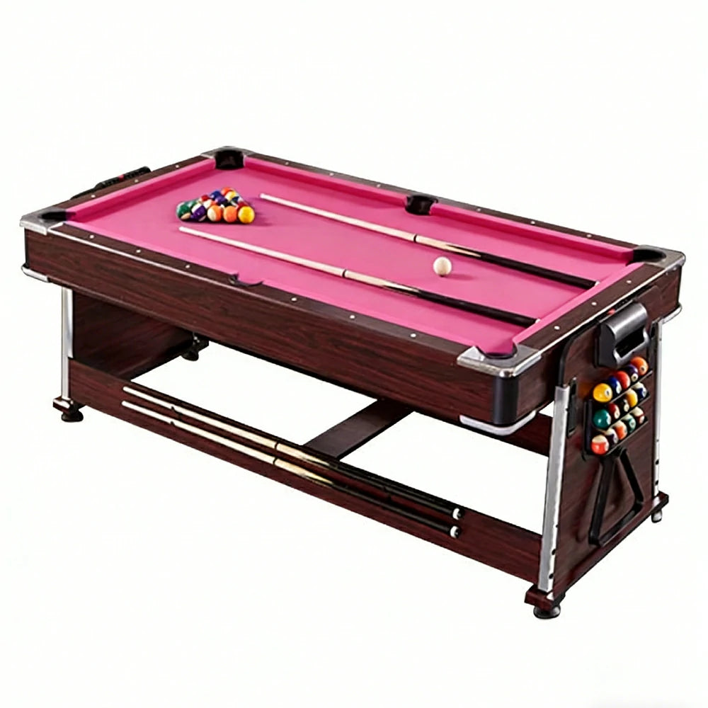 VERSA 4-IN-1 7/8FT Convertible Table with Brown Frame for Air Hockey, Pool Billiards, Dining, and Table Tennis with Free Accessories - Red Felt