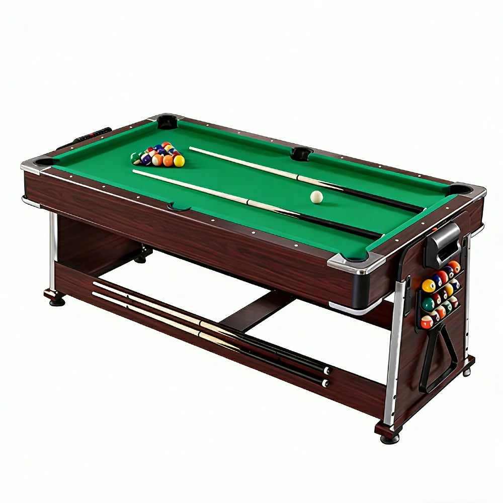 VERSA 4-IN-1 7/8FT Convertible Table with Brown Frame for Air Hockey, Pool Billiards, Dining, and Table Tennis with Free Accessories - Green Felt