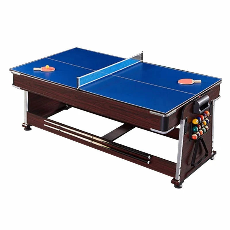 VERSA 4-IN-1 7/8FT Convertible Table with Brown Frame for Air Hockey, Pool Billiards, Dining, and Table Tennis with Free Accessories - Blue Felt