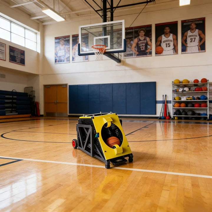 DUNK MASTER Portable Basketball Shooting Machine - Multi-Spot Training, Silicone Tyre Wheels, Professional Training-Grade Rebound System - Yellow