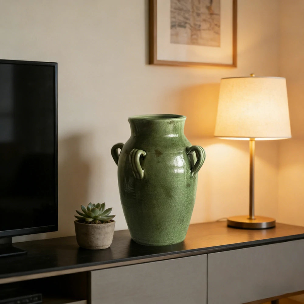 LIVARA Ceramic Vase Ornament Crackle Texture with Moss Tones Decorative Art Vessel Matte Ceramic Raw Aesthetic Finish