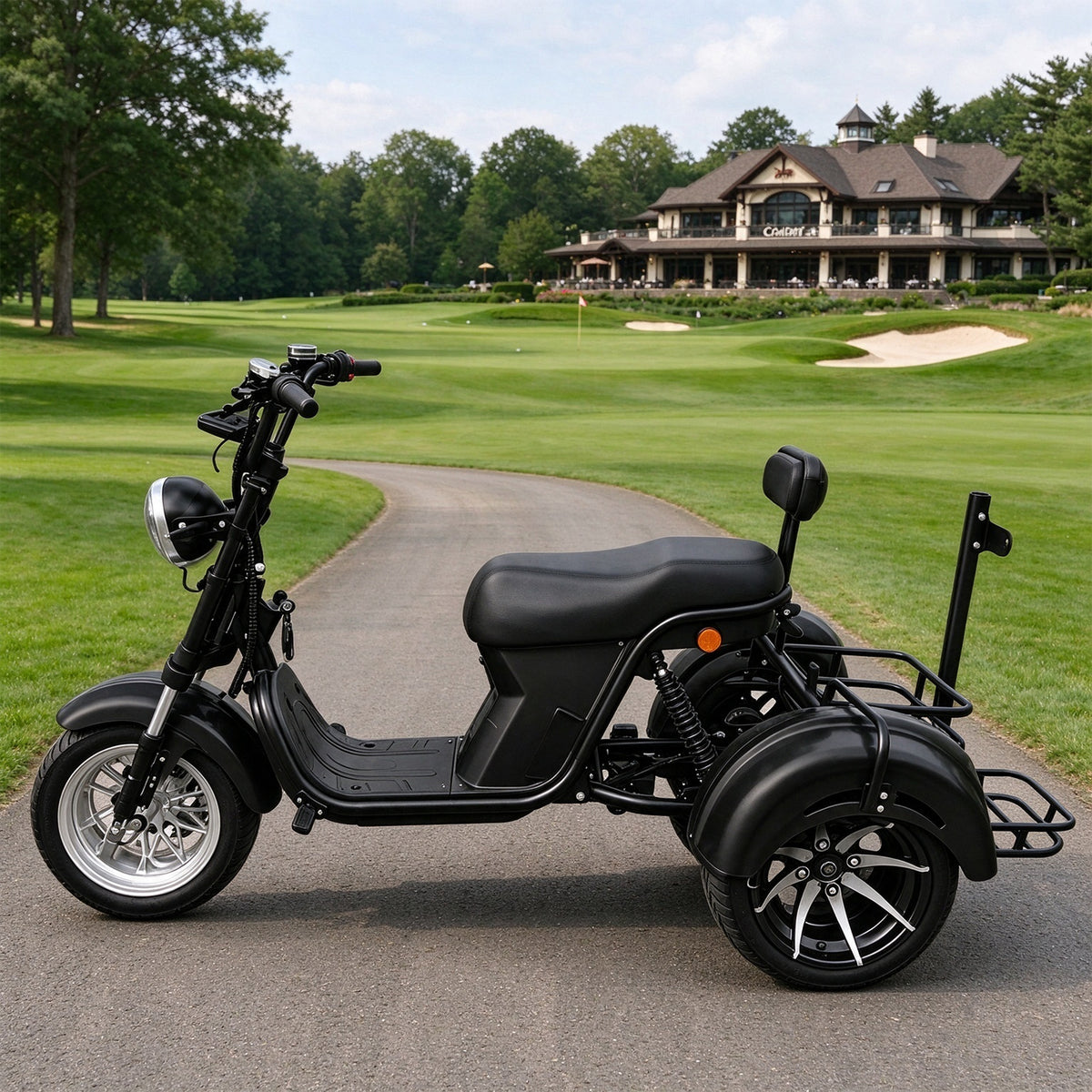 AKEZ 2000W 10 Inch Three-Wheel Electric Cruiser - Wide Tyres with Backrest for Golf Courses & Private Estates - Black
