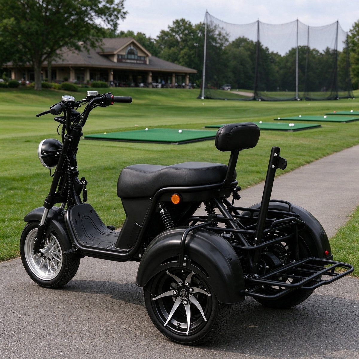 AKEZ 2000W 10 Inch Three-Wheel Electric Cruiser - Wide Tyres with Backrest for Golf Courses & Private Estates - Black