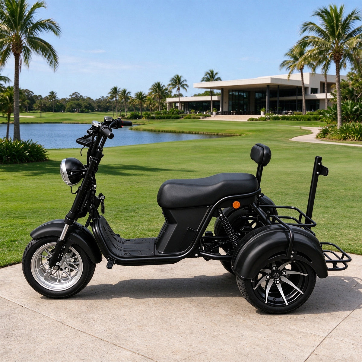 AKEZ 2000W 10 Inch Three-Wheel Electric Cruiser - Wide Tyres with Backrest for Golf Courses & Private Estates - Black