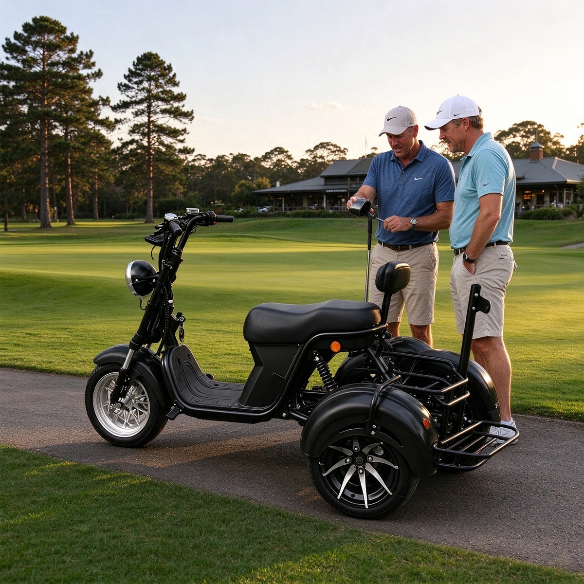 AKEZ 2000W 10 Inch Three-Wheel Electric Cruiser - Wide Tyres with Backrest for Golf Courses & Private Estates - Black