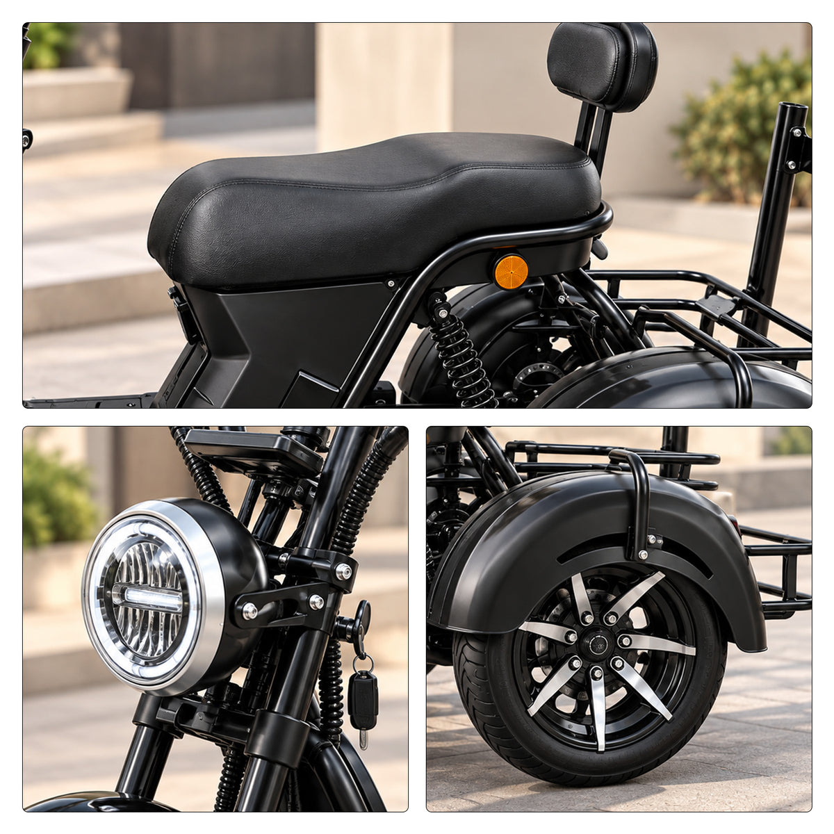 AKEZ 2000W 10 Inch Three-Wheel Electric Cruiser - Wide Tyres with Backrest for Golf Courses & Private Estates - Black