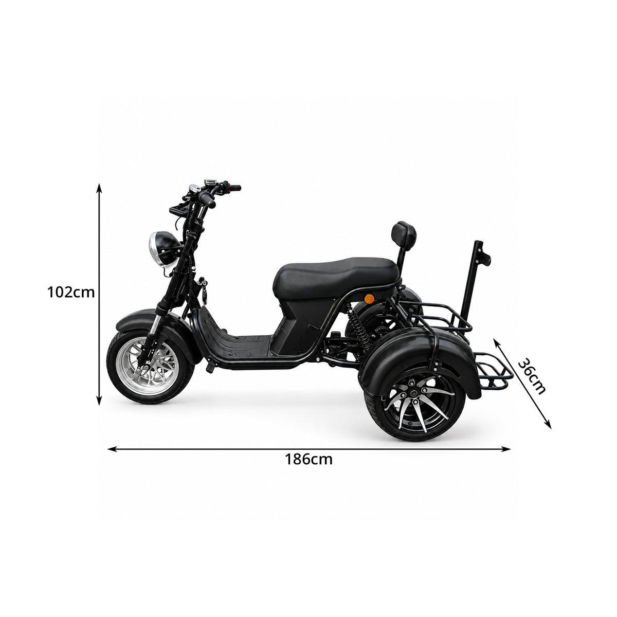AKEZ 2000W 10 Inch Three-Wheel Electric Cruiser - Wide Tyres with Backrest for Golf Courses & Private Estates - Black
