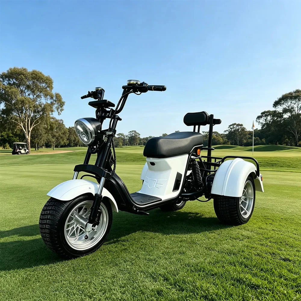 AKEZ 2000W 10 Inch Three-Wheel Electric Cruiser - Wide Tyres with Backrest for Golf Courses & Private Estates - White