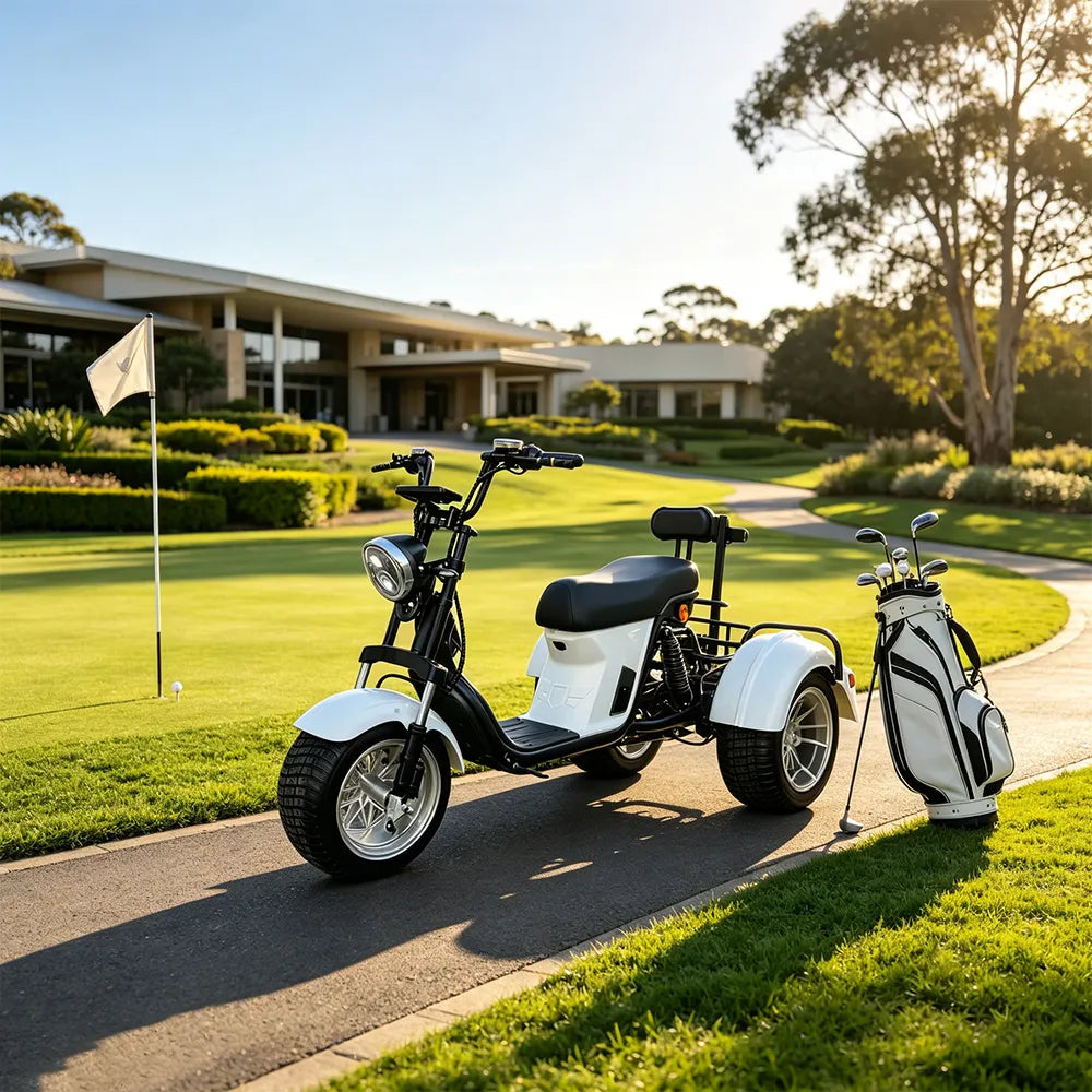 AKEZ 2000W 10 Inch Three-Wheel Electric Cruiser - Wide Tyres with Backrest for Golf Courses & Private Estates - White