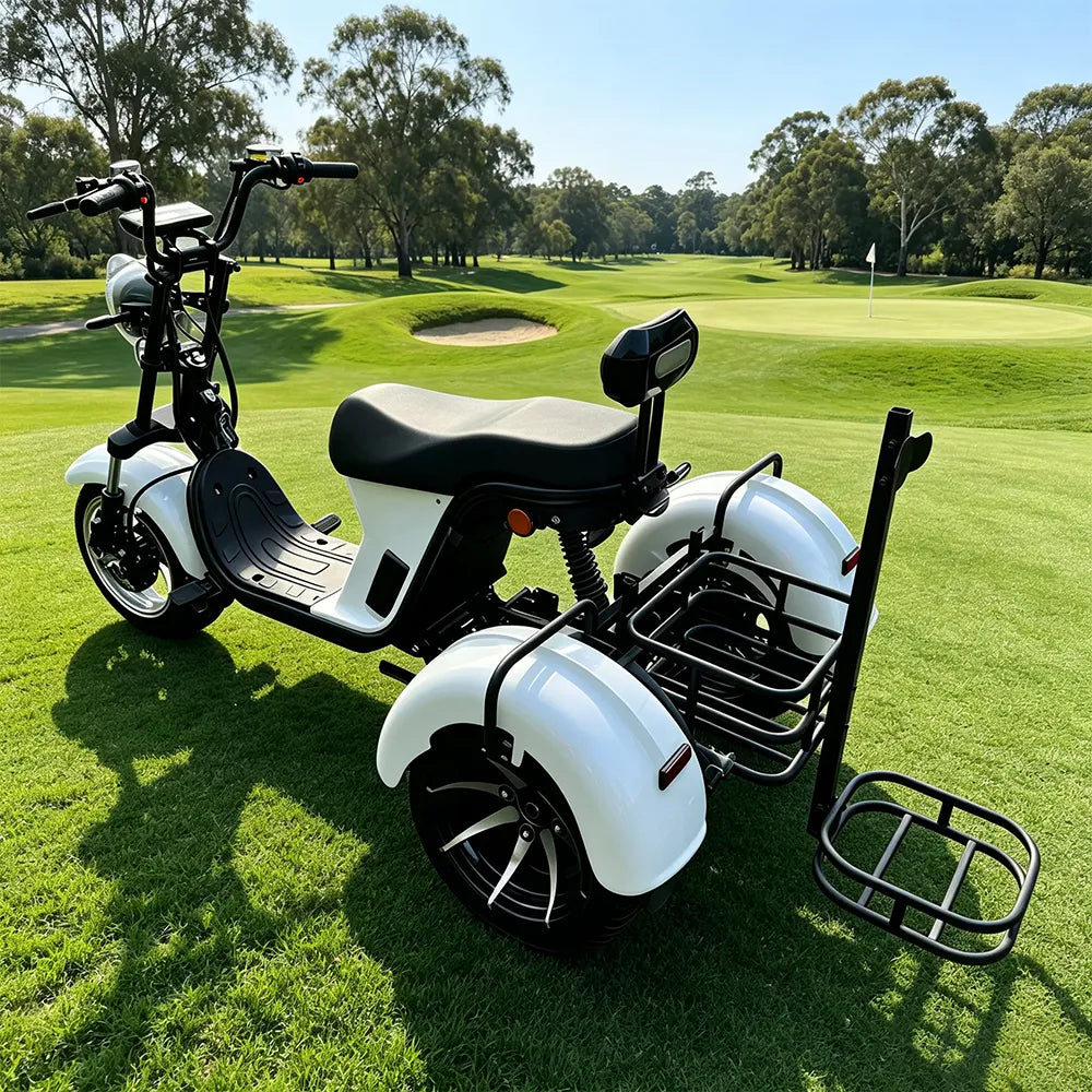 AKEZ 2000W 10 Inch Three-Wheel Electric Cruiser - Wide Tyres with Backrest for Golf Courses & Private Estates - White