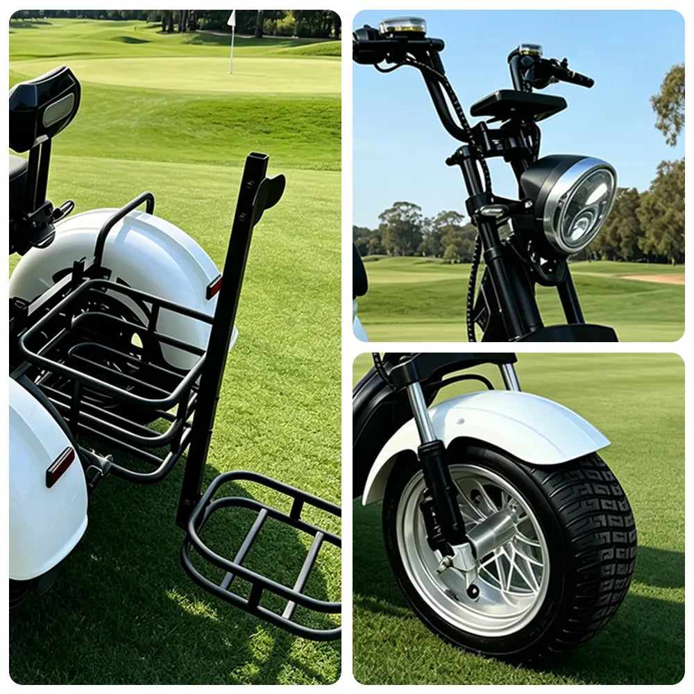 AKEZ 2000W 10 Inch Three-Wheel Electric Cruiser - Wide Tyres with Backrest for Golf Courses & Private Estates - White
