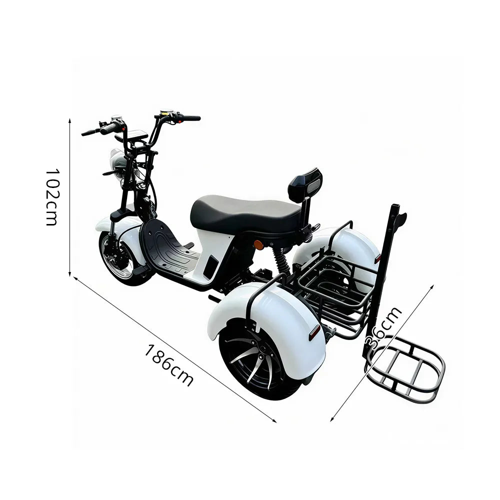 AKEZ 2000W 10 Inch Three-Wheel Electric Cruiser - Wide Tyres with Backrest for Golf Courses & Private Estates - White