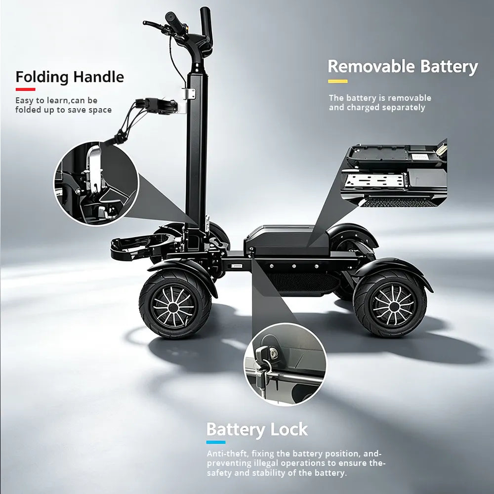 AKEZ M12-3 2400W Dual Motor Electric Golf Scooter - Foldable 4-Wheel Design with Removable 48V Battery & Umbrella - Black