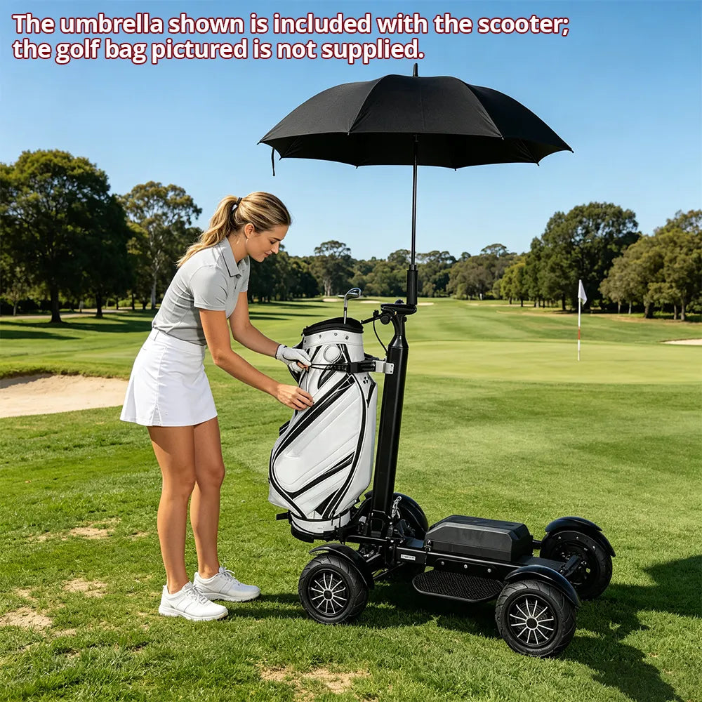 AKEZ M12-3 2400W Dual Motor Electric Golf Scooter - Foldable 4-Wheel Design with Removable 48V Battery & Umbrella - Black