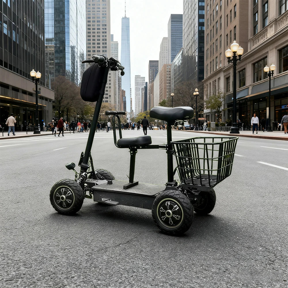 ROLLUX 1000W Dual Motor Electric Scooter with Shock-Absorbing Seat & Front Basket, 45–55km Range, Foldable All-Terrain Design - Black