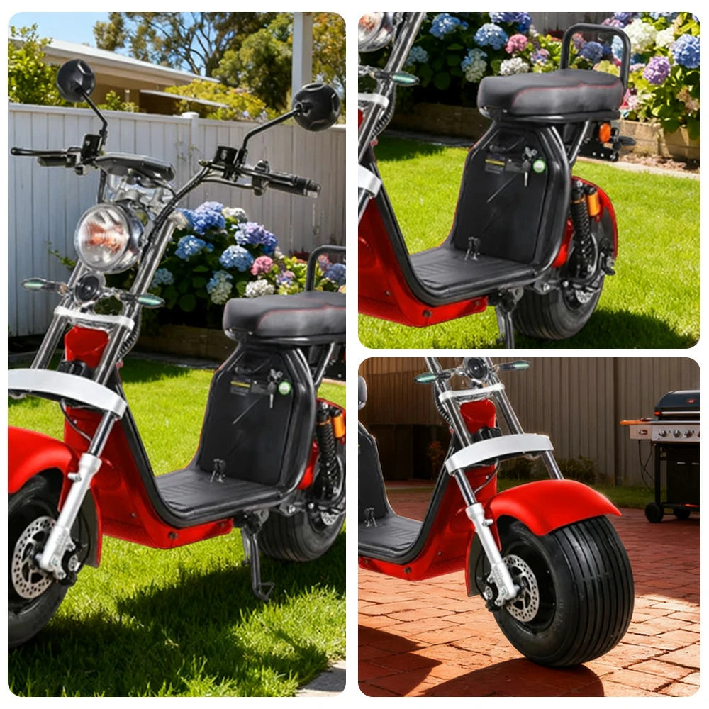 AKEZ Harley Electric Scooter 1500W Motor 60V 20Ah Lithium Battery Seamless Steel Frame Long Range with Dual Suspension - Red Cruise at 25km/h - Unlock More Power (Details Inside)*