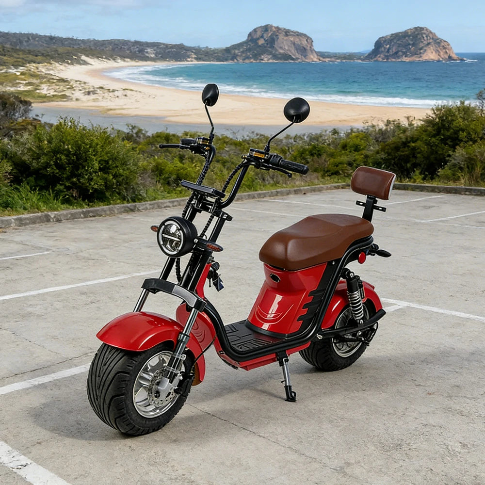 AKEZ Harley Electric Scooter 1500W Power 60V 20Ah Lithium Battery Seamless Steel Frame Dual Suspension & Disc Brakes - Red Cruise at 25km/h - Unlock More Power (Details Inside)*