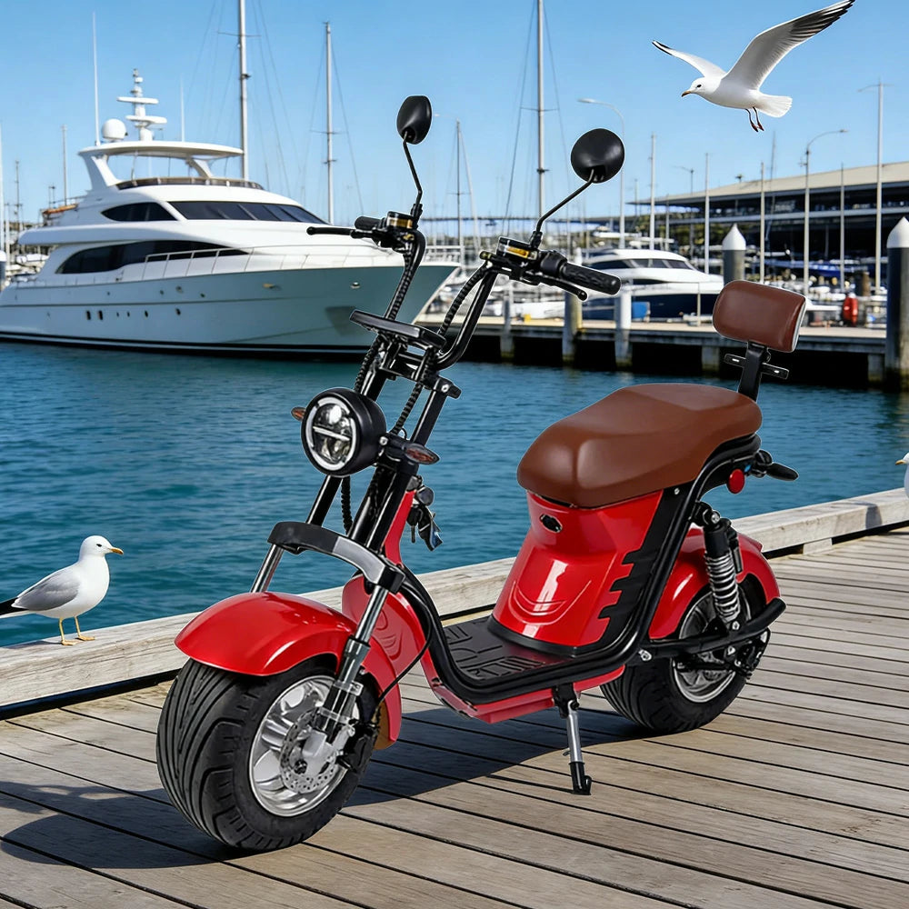 AKEZ Harley Electric Scooter 1500W Power 60V 20Ah Lithium Battery Seamless Steel Frame Dual Suspension & Disc Brakes - Red Cruise at 25km/h - Unlock More Power (Details Inside)*