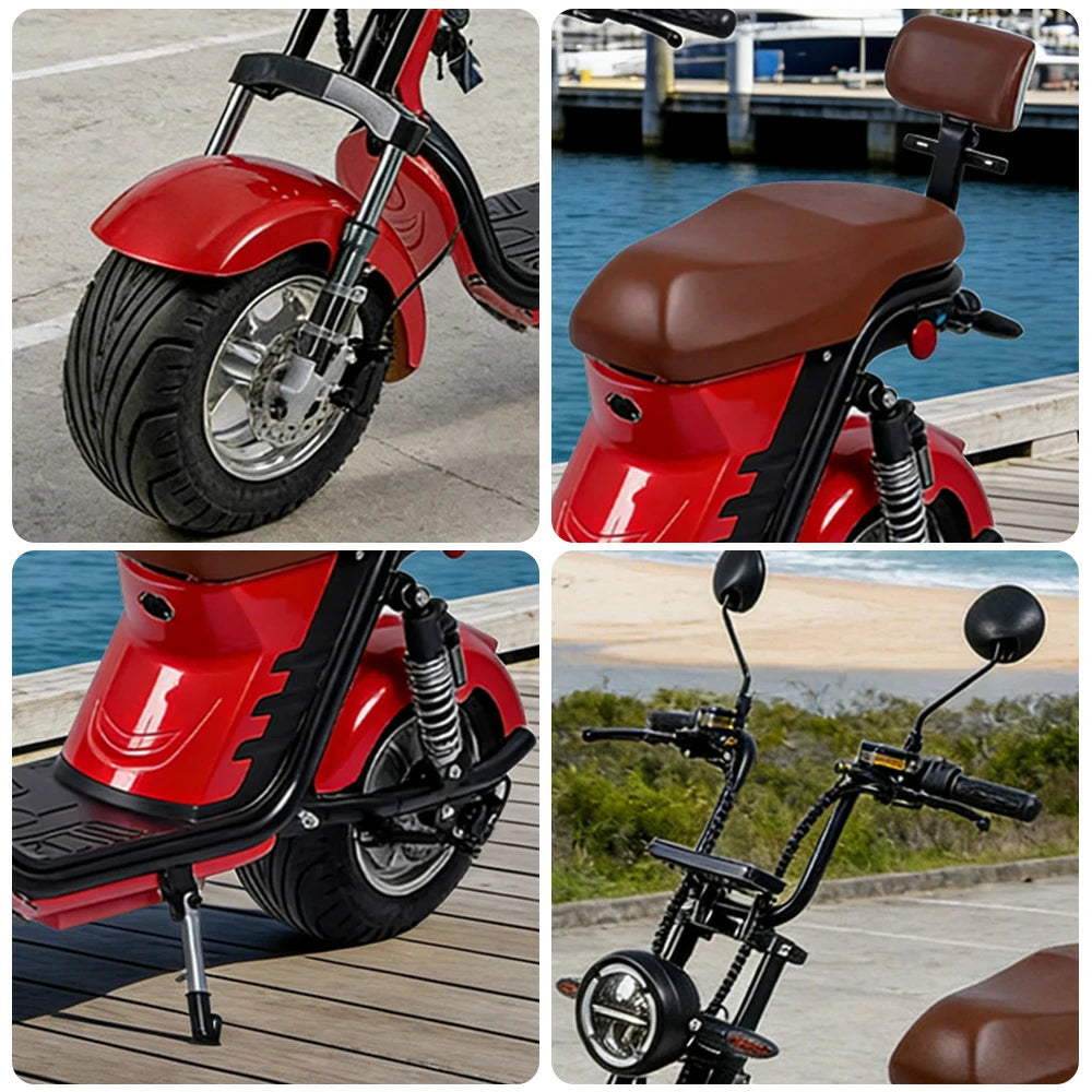 AKEZ Harley Electric Scooter 1500W Power 60V 20Ah Lithium Battery Seamless Steel Frame Dual Suspension & Disc Brakes - Red Cruise at 25km/h - Unlock More Power (Details Inside)*