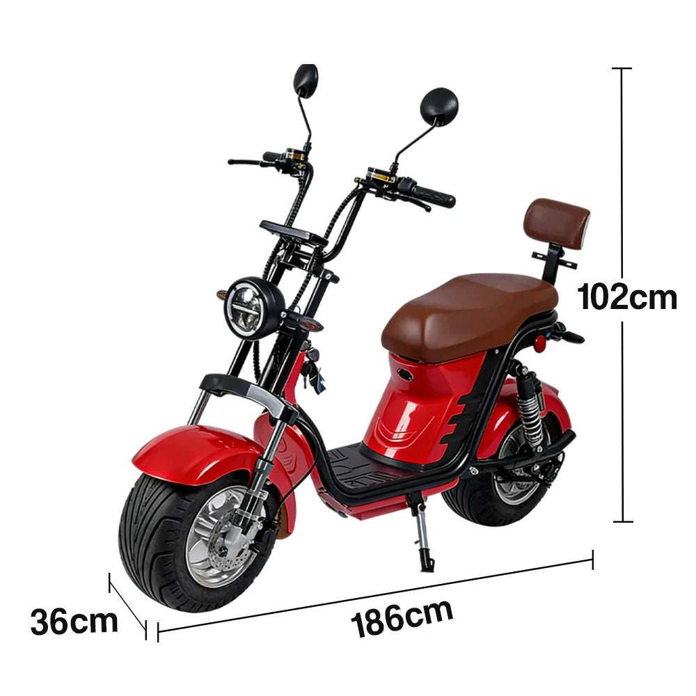 AKEZ Harley Electric Scooter 1500W Power 60V 20Ah Lithium Battery Seamless Steel Frame Dual Suspension & Disc Brakes - Red Cruise at 25km/h - Unlock More Power (Details Inside)*