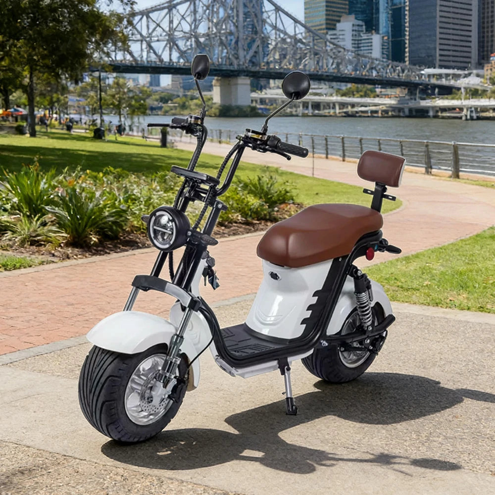 AKEZ Harley Electric Scooter 1500/2000W Power 60V 12/20Ah Lithium Battery Seamless Steel Frame Dual Suspension & Disc Brakes - White Cruise at 25km/h - Unlock More Power (Details Inside)*