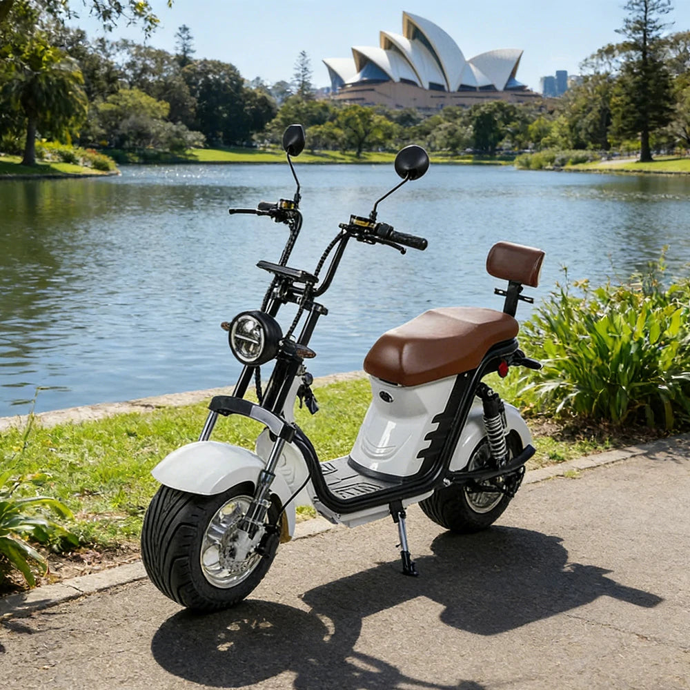 AKEZ Harley Electric Scooter 1500/2000W Power 60V 12/20Ah Lithium Battery Seamless Steel Frame Dual Suspension & Disc Brakes - White Cruise at 25km/h - Unlock More Power (Details Inside)*