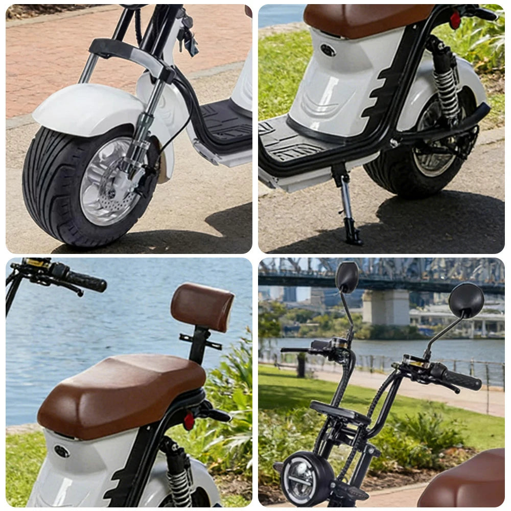 AKEZ Harley Electric Scooter 1500/2000W Power 60V 12/20Ah Lithium Battery Seamless Steel Frame Dual Suspension & Disc Brakes - White Cruise at 25km/h - Unlock More Power (Details Inside)*